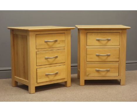 Pair light oak bedside tables, three drawers, stile supports, W50cm, H58cm, D40cm