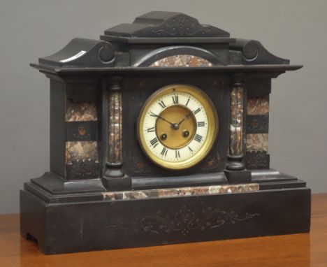19th century black slate and marble mantel clock, twin train movement striking on coil, W44cm