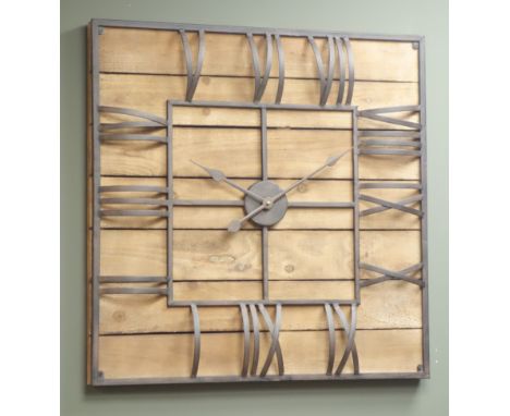 Large planked pine square wall clock, open framed chapter ring with convex Roman numerals, battery movement, 70cm x 70cm