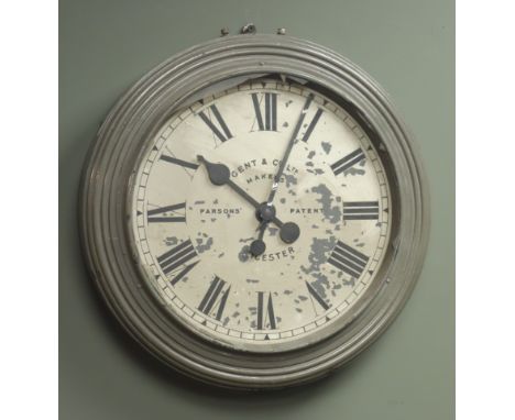 Gent &amp; Co Ltd Leicester 'Parsons Patent' electric impulse slave clock, circular moulded case, grey painted, D39cm