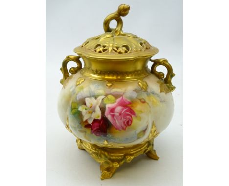 Royal Worcester two handled pot pourri vase and cover, the pierced quatrefoil shaped cover having rosebud finial, the bulbous