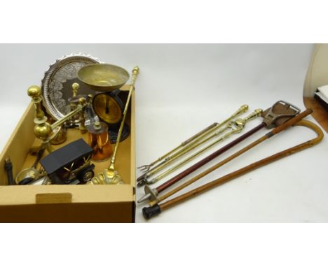 Salter family scale No. 6, brass companion set, silver-plated tray with ornate decoration, brass fire dog, shooting stick and