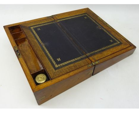 Victorian walnut brass bound writing box with tooled gilt leather slope and glass inkwell, L35cm 