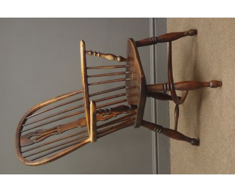 19th century ash and elm double bow Windsor armchair, pierced splat with turned supports, crinoline stretcher