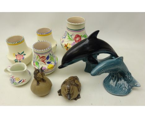 Collection of Poole pottery including four vases &amp; jug, Duckling, Dolphin, Mouse on apple and Trout (9)