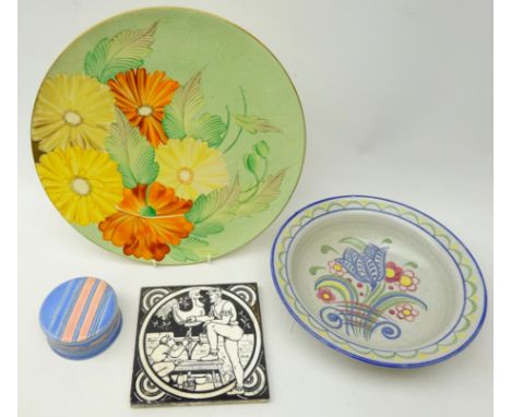 19th century Mintons tile designed by John Moyer, Poole pottery bowl with AR monogram, D26cm, Primavera striped jar and cover