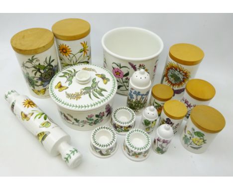 Portmeirion The Botanic Garden storage jars, tureen and cover, rolling pin, flour sifter etc 