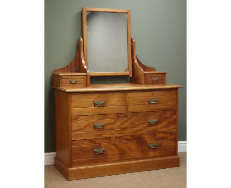 Edwardian mahogany dressing chest, raised shaped back with bevel edge mirror flanked by two trinket boxes, above two short an