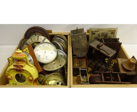 Large quantity of various clock dials, some with bezels, aneroid barometers, ceramic mantle clock case, two single fusee move