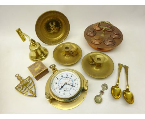 Pair brass chamber sticks with candle snuffers, copper and brass handled egg coddler, brass porthole ships style clock and be