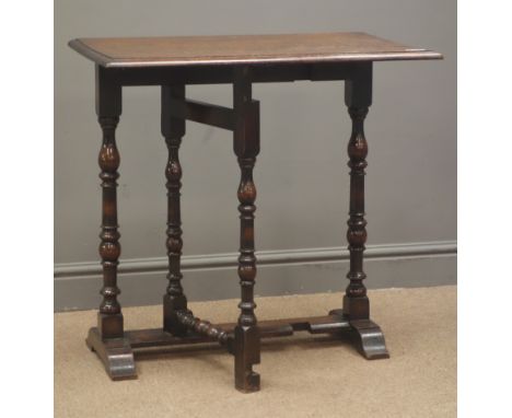 Early 20th century oak folding table with turned gate action support, 72cm x 42cm, H72cm