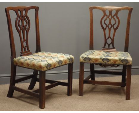 Pair mahogany Chippendale style chairs, shaped cresting, pierced splat, upholstered seat, square moulded supports