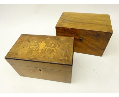 19th century olive wood two division tea caddy, L20cm and a mahogany caddy with inlaid top and escutcheon (2)