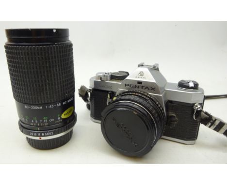 Pentax MX SLR camera with lens and a Cosina 80-200mm 1:45-56 MC Macro lens 