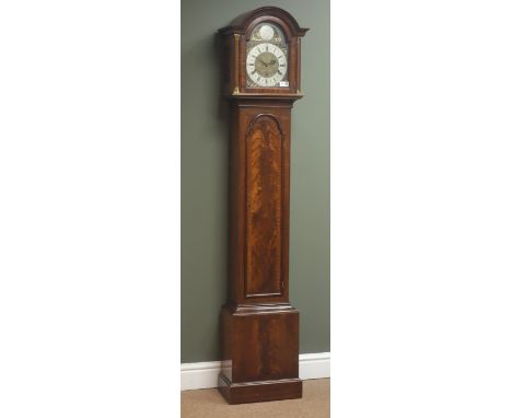 20th century figured mahogany longcase Granddaughter clock, triple train driven Westminster chiming movement on rods, dial si