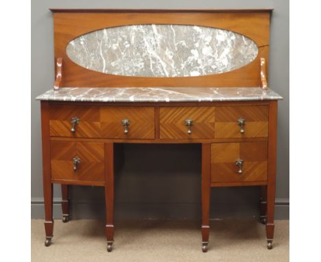 Edwardian mahogany washstand, oval marble inset to raised back, rectangular marble top above two long and two short bow front