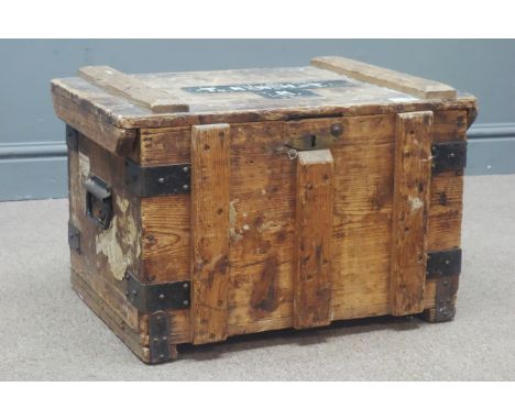 Early 20th century pine and metal bound trunk, metal carrying handles, top painted with 'T. R. N. H-T K', W54cm
