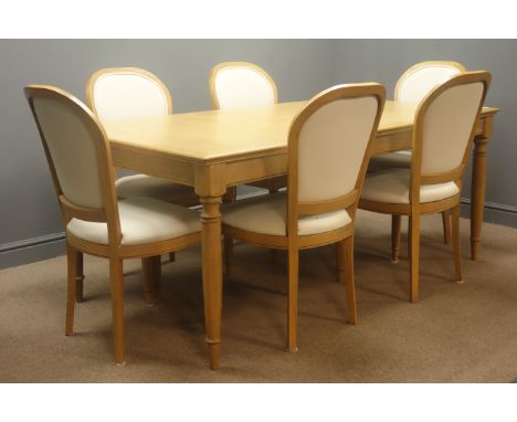 John Lewis solid light oak extending dining table with leaf (100cm x 180cm - 230cm, H75cm), and six chairs upholstered in nat