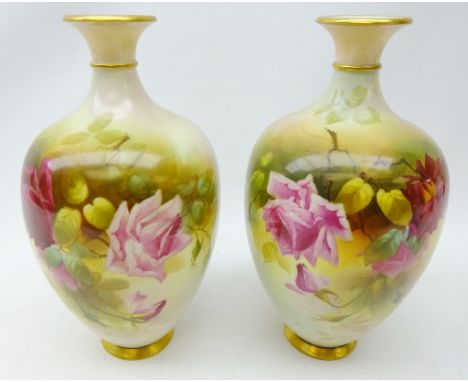 Pair Royal Worcester baluster vases, painted with roses amongst foliage by J. Llewellyn, c1916, H27cm 