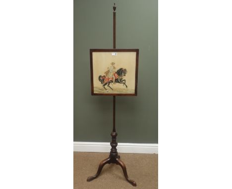 Edwardian mahogany adjustable fire pole, tapestry screen, three splayed supports, H154cm