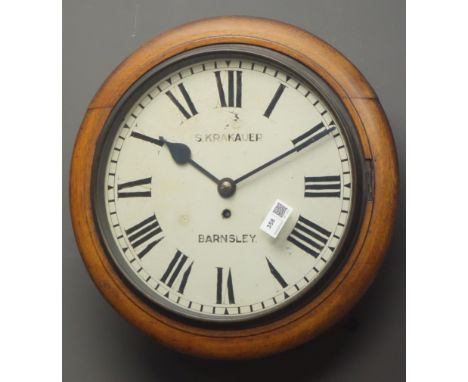 Victorian oak cased circular wall clock, dial signed 'S. Krakauer, Barnsley' single fusee movement, D40cm