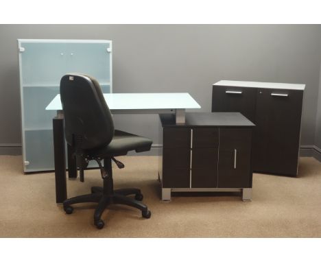 Desk with glass top, three drawers and one cupboard offset, (W149cm, H74cm, D70cm), and office swivel chair, a grey office cu