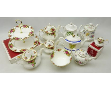 Set of four Royal Albert 'Old Country Roses' pattern teapots, bowl and two tier cake stand, two pieces boxed, Royal Worcester