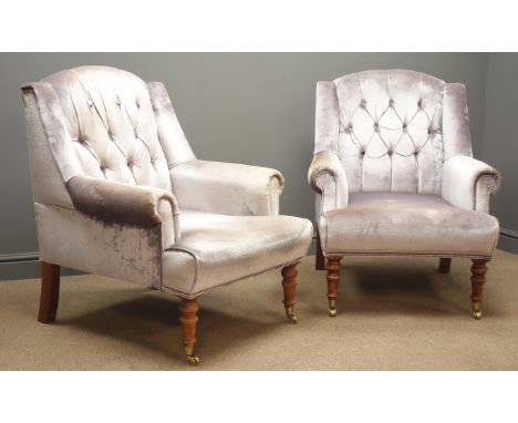 Pair Victorian style upholstered button back armchairs or turned supports with castors, W79cm