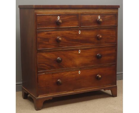 Early 19th century inlaid mahogany chest, two short and three long drawers, bracket supports, W107cm, H112cm, D50cm