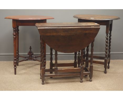 Edwardian octagonal centre table turned supports and stretchers, (W65cm, H73cm), an oak drop leaf table, gate action support 