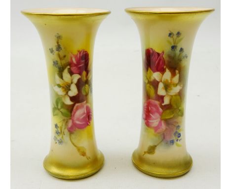 Pair Royal Worcester trumpet shaped spill vases decorated with roses and other flowers c1914, H11.5cm 