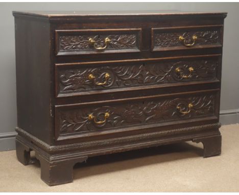 19th century carved oak chest, two short and two long drawers, bracket supports, W122cm, H93cm, D56cm