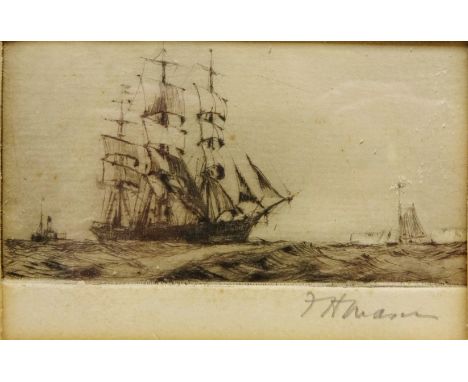 Sailing Vessels at Sea, drypoint etching signed in pencil by Frank Henry Mason (Staithes Group 1875-1965) 6cm x 9cm