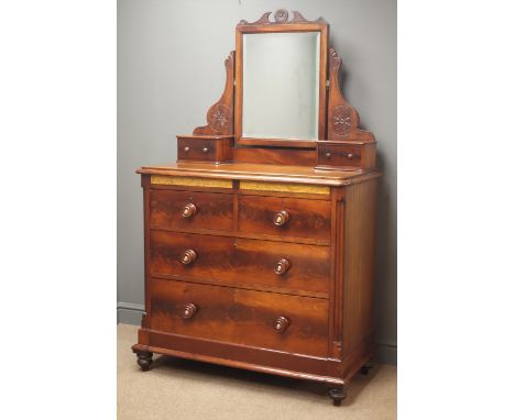Victorian mahogany dressing chest, raised back with bevel edge mirror, shaped supports flanked by two trinket boxes above two