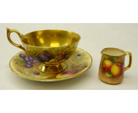 Miniature Royal Worcester jug hand painted with fruit, signed E. Townsend, c1939 and an Aynsley cup and saucer hand decorated