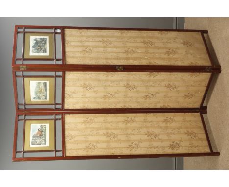 Edwardian mahogany three panel folding room partition, glazed window with inset hunting pictures above upholstered section, W