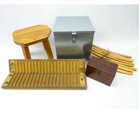 Oak stool with shaped top, early 19th Century mahogany tea caddy, cigar mould, ten vintage wooden hangers and a metal box wit