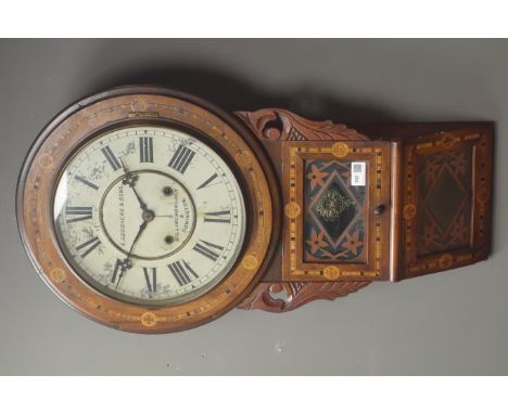 19th century inlaid walnut Tunbridgeware drop dial wall clock, 'Superior 8-Day... Anglo-American', dial signed E. Goodacre &a