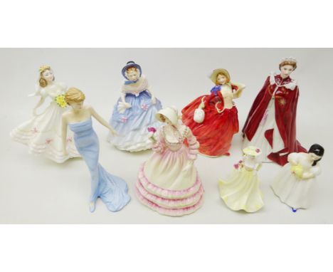 Four Royal Doulton figures 'Alice', 'Diana Princess of Wales', 'Autumn Breezes' and 'Mandy', three Coalport figures 'The Roma