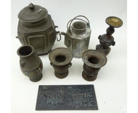 Early 20th century Chinese Changsha pewter octagonal tea caddy, 19th/ early 20th century Chinese cast metal burner, pair simi