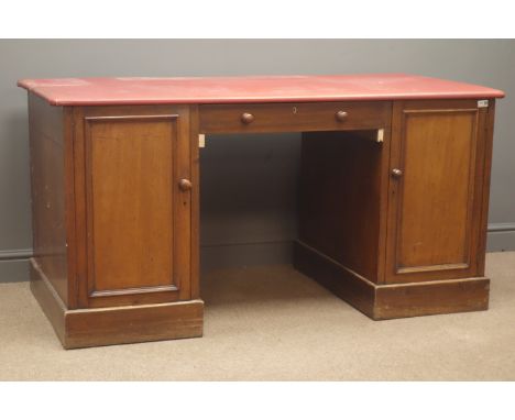 19th century mahogany desk/pedestal cupboards, leather top, single drawer flanked by two panelled doors enclosing a shelf, on