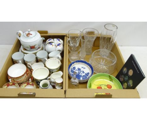 Royal Worcester Evesham teaware, Paragon Pompadour teaware, two Coalport commemorative footed beakers, glassware etc in two b