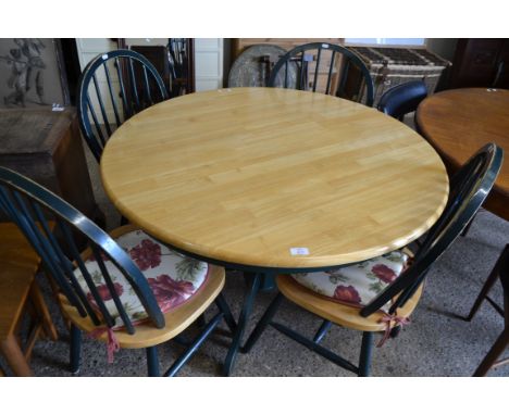 MODERN CIRCULAR KITCHEN TABLE, DIAM APPROX 106CM TOGETHER WITH FOUR MATCHING STICK BACK CHAIRS