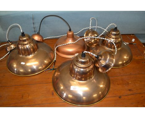 SET OF THREE INDUSTRIAL STYLE PENDANT LIGHT FITTINGS, EACH APPROX 35CM, TOGETHER WITH ONE SMALLER SIMILAR