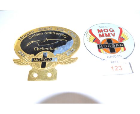 TWO BADGES FOR THE MORGAN SPORTS CAR CLUB AND OTHER MORGAN BADGES