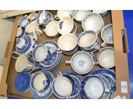 TRAY CONTAINING BLUE AND WHITE WARES, MAINLY CUPS AND SAUCERS AND BLUE AND WHITE TEA POT