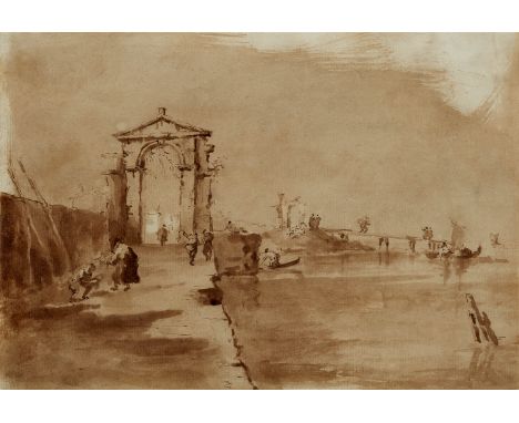 Francesco Guardi, Architekturcapriccio mit Torbogenruine und kleiner hafenanlage mit StegFeder und Pinsel in Braun (Wasserzei