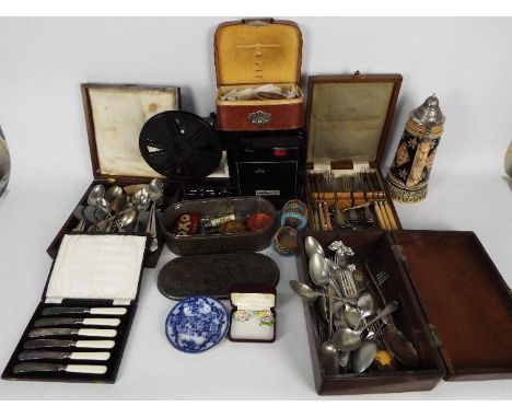 Lot to include various flatware, boxed / cased, a Duo-100 cine projector, leather collar box and collars, ceramics and simila