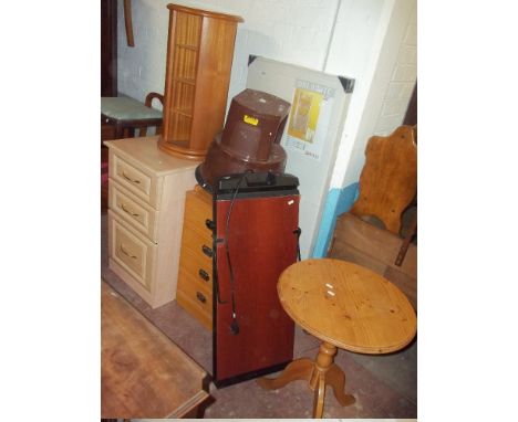 SIX ITEMS TO INCLUDE CHEST OF DRAWS, STEPPER STOOL, A MODERN REVOLVING CD RACK, A TROUSER PRESS AND A SOLID PINE PEDESTAL TAB