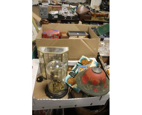 TWO TRAYS OF WOODEN, FABRIC AND CARDBOARD BOXES, A DOME COVERED CLOCK, BRASS AND GLASS CABINET, AND A TABLE LAMP WITH SHADE